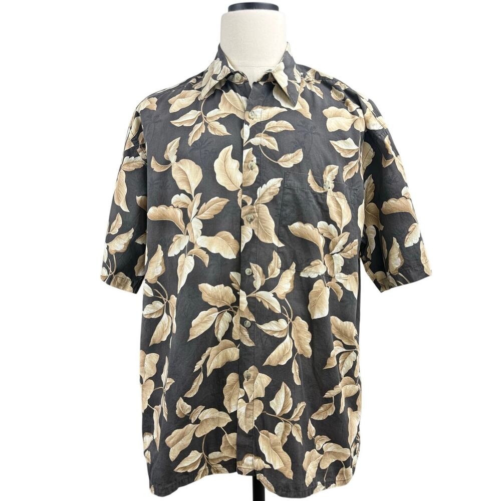 Vintage 80s Pierre Cardin Mens XL Black Tan Foliage Cotton Hawaiian Shirt